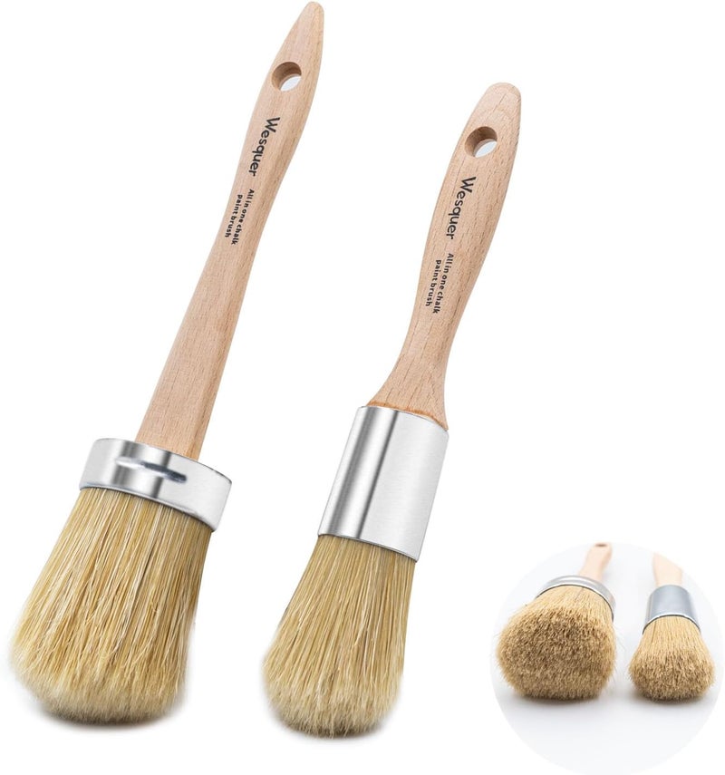 Wesquer 2Pack Chalk Paint Brush Set, 2 Inch & 1.4 Inch Round Natural Bristles Brushes for Chalk Paint Wax, Milk Paint, Varnish, Stencil Brushes, Furniture Paint Brush - Image 1